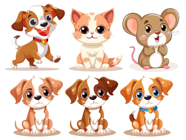 Set Simpatico Animale Domestico Cartone Animato Personaggio Illustrazione — Vettoriale Stock