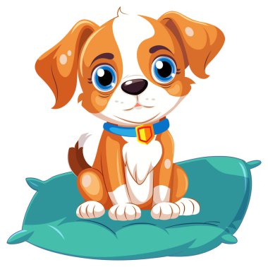 Şirin bir çizgi film köpeği rahatça bir yastığın üzerinde oturuyor.