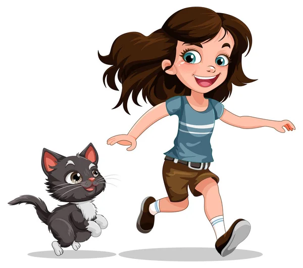 Girl Playing Her Cat Illustration — ストックベクタ