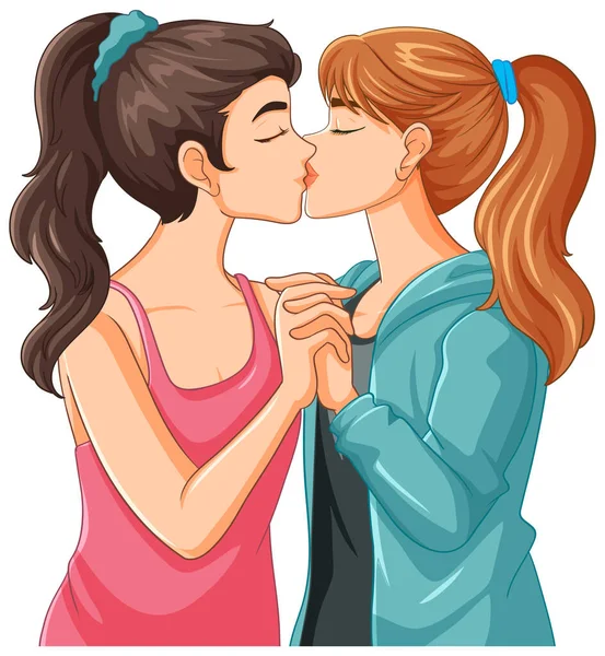 Casal Lésbicas Beijando Desenhos Animados Ilustração Isolada — Vetor de Stock