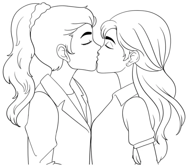 Casal Lésbicas Beijando Desenho Animado Doodle Ilustração Isolada — Vetor de Stock