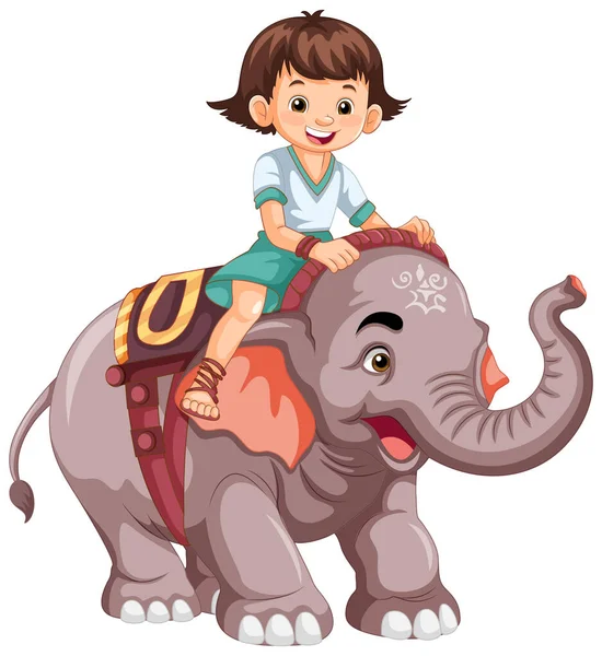 Feliz Niña Montado Elefante Ilustración Estilo Dibujos Animados — Archivo Imágenes Vectoriales