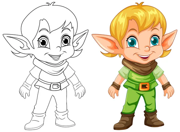 Grazioso Elfo Cartoon Character Outline Illustrazione Colorare — Vettoriale Stock