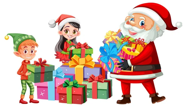 Weihnachtsmann Und Elfe Arbeiten Zusammen Ein Festliches Weihnachtsgeschenk Verpacken — Stockvektor