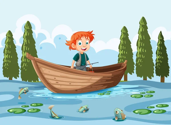 Иллюстрация Happy Boy Boat Lake Scene — стоковый вектор