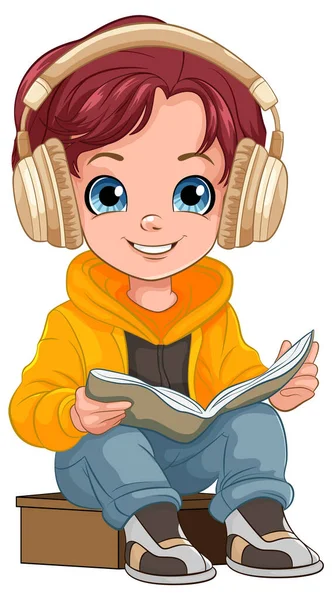 男孩阅读一本书 戴着耳机插图 — 图库矢量图片