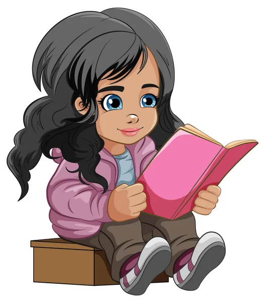 Menina Leitura Livro Desenho Animado Ilustração — Vetor de Stock