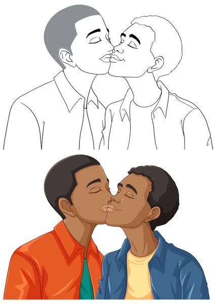 African Gay Couple Cartoon Kissing Illustration — Stock Vector