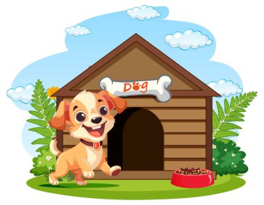 Bir köpek kulübesinin önünde koşan mutlu bir köpek.