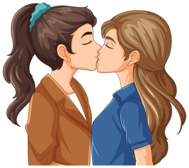 Lezbiyen çift öpüşme karikatürü.