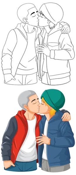 Gay Ζευγάρι Κινούμενα Σχέδια Φιλιά Doodle Περίγραμμα Εικονογράφηση — Διανυσματικό Αρχείο
