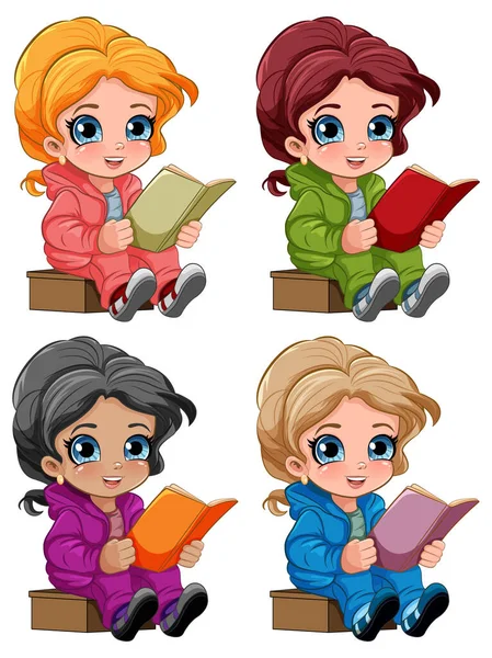 Conjunto Meninas Ler Livros Desenhos Animados Personagens Ilustração —  Vetores de Stock