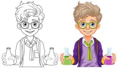 Erkek öğrenci karikatürü bilim sınıfı deneyi illüstrasyonunda konik matara tutuyor.