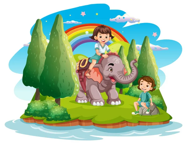 Children Riding Elephant Island Illustration — Stock Vector