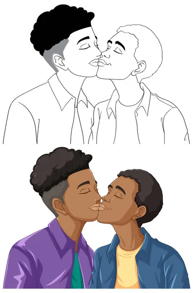 Afrikanische Gay Paar Cartoon Küssen Kritzeln Umreißen Illustration — Stockvektor