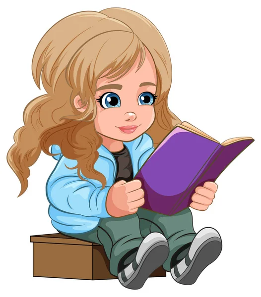 Mädchen Lesen Buch Cartoon Illustration — Stockvektor