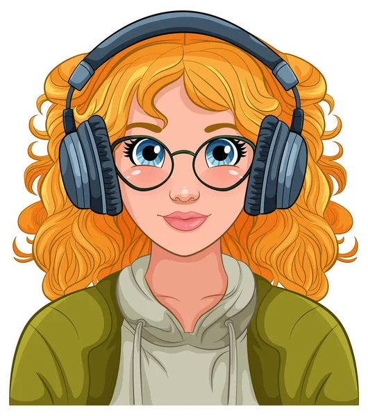 Γυναίκα Πορτρέτο Φορώντας Ακουστικά Ακούγοντας Μουσική Εικονογράφηση — Διανυσματικό Αρχείο