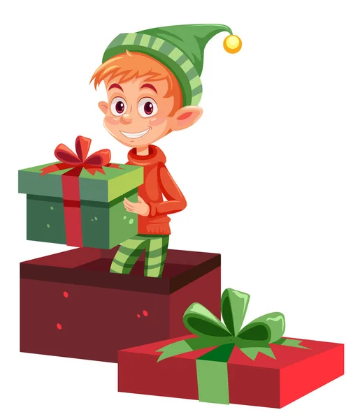 Cheerful Cartoon Illustration Male Elf Holding Festive Christmas Gift — Stock Vector