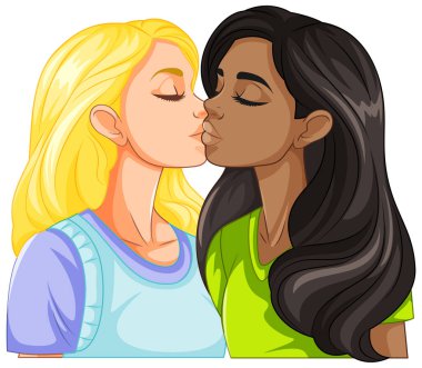 Lezbiyen çift öpüşme karikatürü.