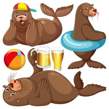 Yaz illüstrasyonunda fok çizgi film karakteri seti