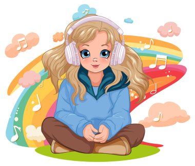 Kulaklık illüstrasyonuyla müzik dinleyen kız