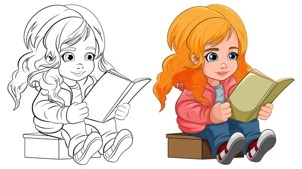 Menina Livro Leitura Desenhos Animados Isolado Sua Ilustração Esboço Doodle —  Vetores de Stock