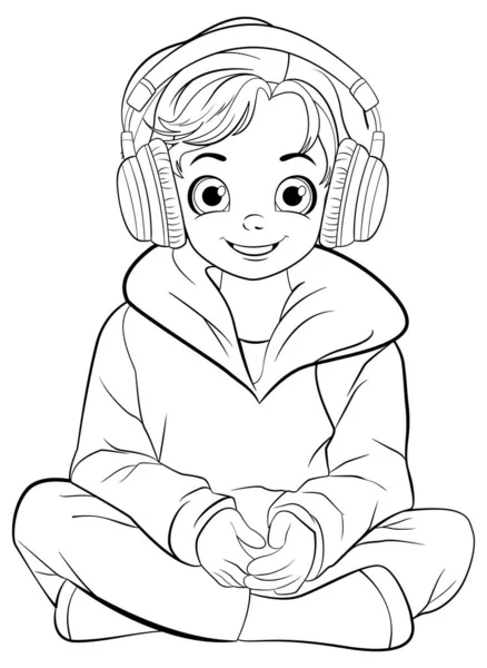 Niño Sentado Con Auriculares Doodle Esquema Ilustración — Vector de stock