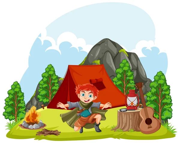 Scène Camp Tente Avec Illustration Personnage Garçon — Image vectorielle