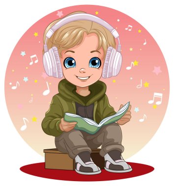 Çocuk kulaklık illüstrasyonuyla müzik dinliyor