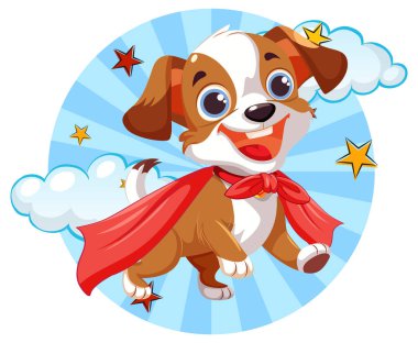 Çizgi roman geçmişi olan süper kahraman kostümlü neşeli bir çizgi film köpeği.