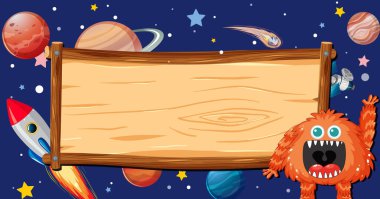 Dış uzaydaki ahşap bir sınır tarafından çerçevelenmiş uzaylı bir canavarın vektör çizimi.