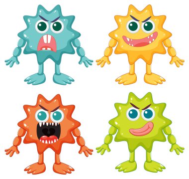Değişik renklerde sevimli uzaylı canavarlardan oluşan bir koleksiyon.