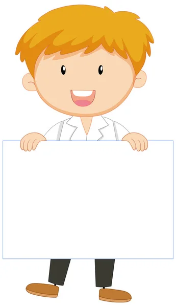 Vector Illustration Cute Male Scientist Holding Blank Banner Advertisement — Stock Vector