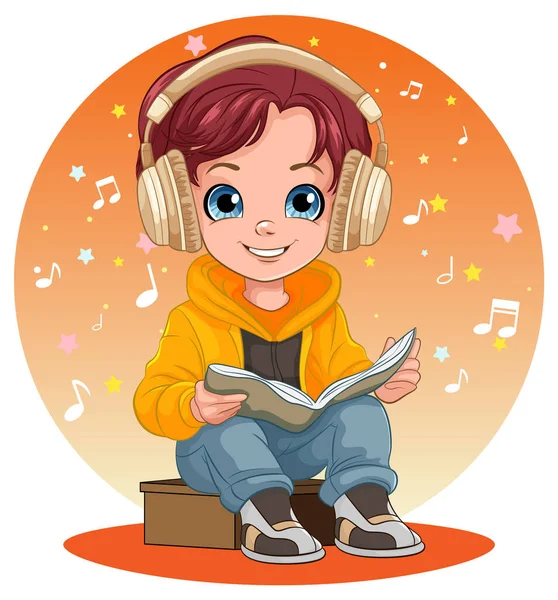 Niño Escuchando Música Con Ilustración Auriculares — Archivo Imágenes Vectoriales