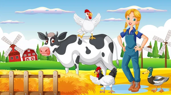 Countryside Woman Farm Land Illustration — Stock Vector