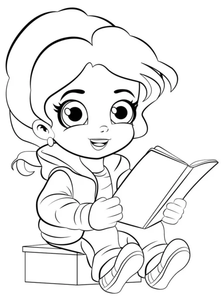 Cute Girl Reading Book Outline Colouring Illustration - Stok Vektor