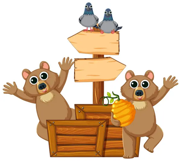 木枠のバナーにクマのベクトル漫画イラスト — ストックベクタ