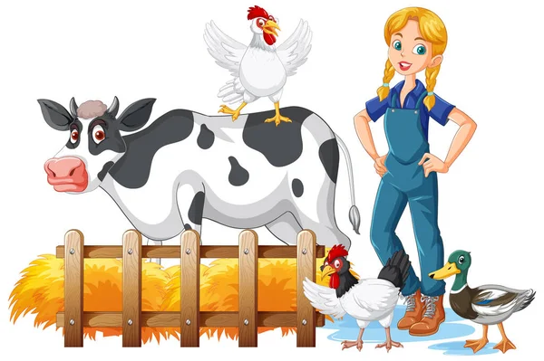 Young Woman Cow Dairy Farm Illustration — Stock Vector