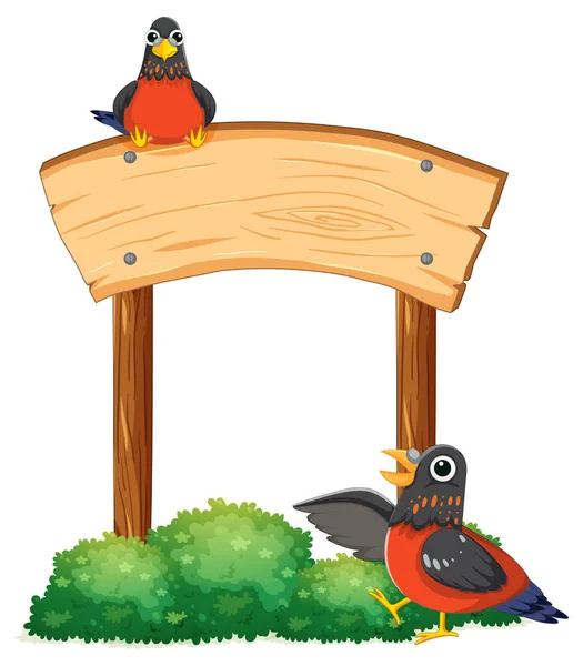 木の茂みに囲まれた木の看板に囲まれたカラフルな鳥 — ストックベクタ