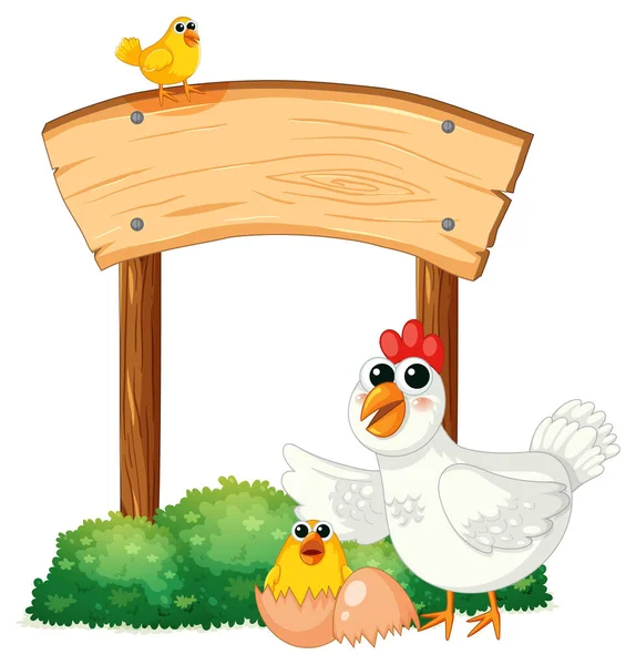 木制木板上的母鸡和小鸡的矢量漫画 — 图库矢量图片