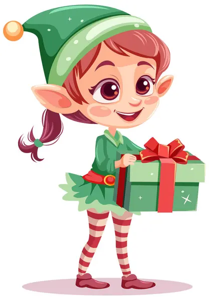 Elf Girl Cartoon Christmas Character Holding Gift Illustration — Stock Vector