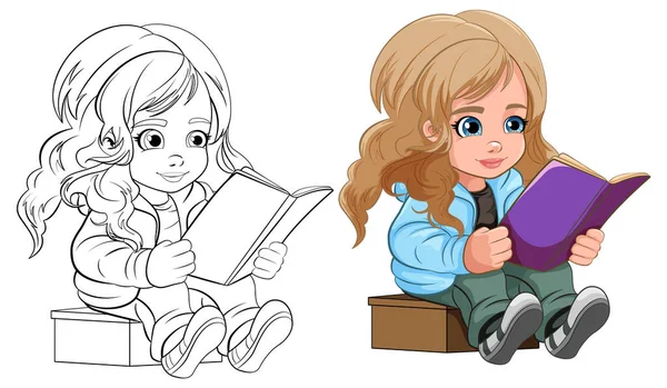 Dívka Čtení Knihy Kreslené Ilustrace — Stockový vektor