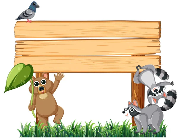 アライグマ クマなど さまざまな野生動物が ベクター漫画のイラストに草の下にある木製看板の周りに立っています — ストックベクタ