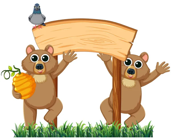 ベクターイラストの木製看板の近くで陽気なクマと鳩 — ストックベクタ