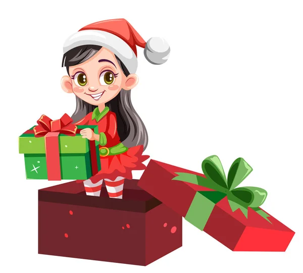 Cartoon Illustration Einer Elfenfrau Die Einer Geschenkbox Steht Und Ein — Stockvektor