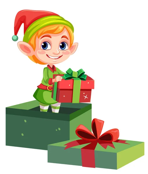 Cartoon Illustration Male Elf Standing Gift Box Holding Present — Stock Vector