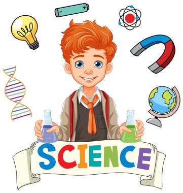 Üniformalı bilim çocuğu elinde konik şişe çizimi tutuyor.