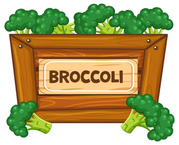 Красочная Векторная Иллюстрация Брокколи Деревянной Коробке Вывеской Впереди — стоковый вектор
