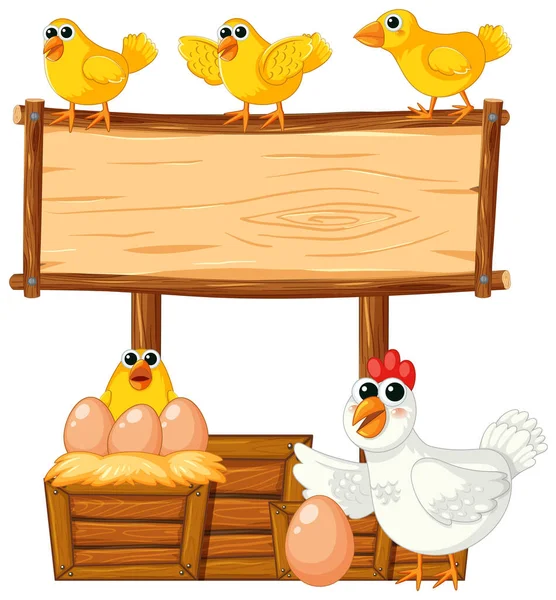 Vector Cartoon Illustration Hen Chick Wooden Frame Banner — Stock Vector