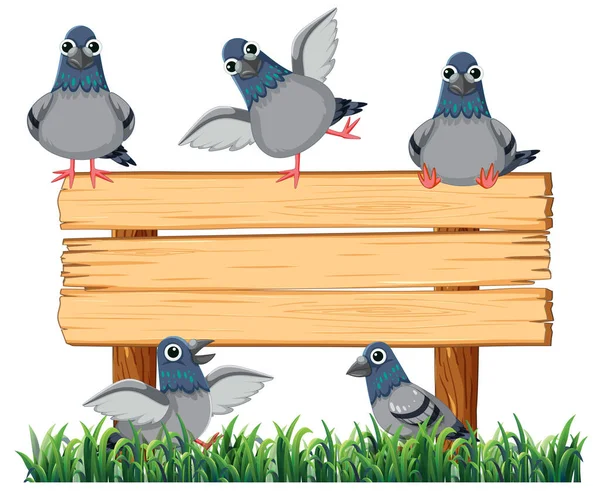 自然な設定で看板フレームバナーに立っている鳩のベクトル漫画イラスト — ストックベクタ